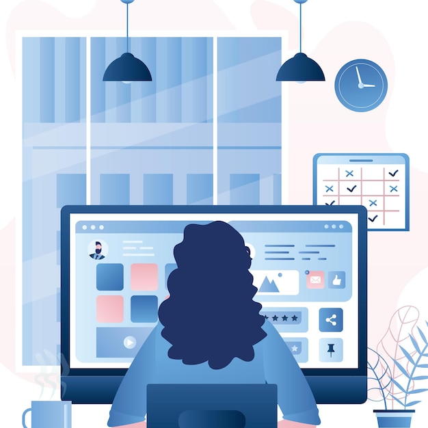 Businesswoman back view sits in front of the monitor screen Social network chatting and work process