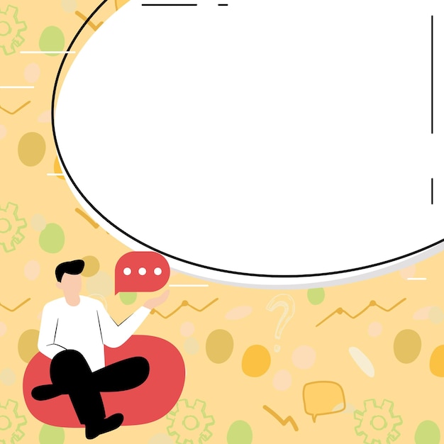 Bussinesman presenting important news Man speaking Big white speech bubble contains brand new information Emty space for text on bright colored background