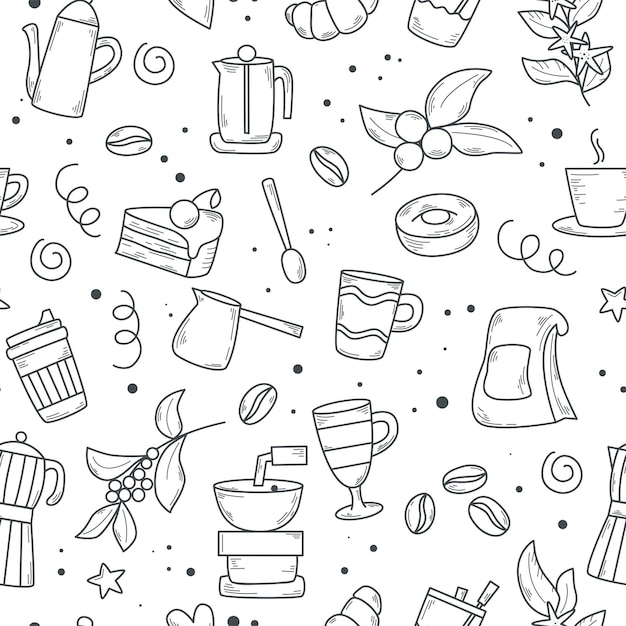 Butter pastries sweets and coffee seamless pattern doodle sketch style simple line illustration of