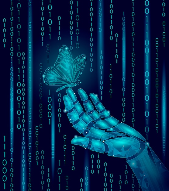 Butterfly on mechanical robot finger hand, Polygonal geometric innovation technology 