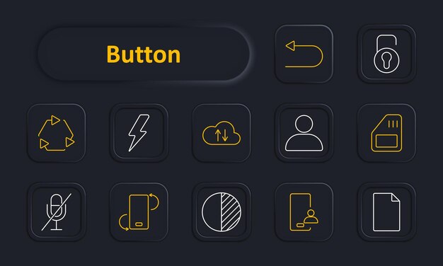 Button set icon Refresh lightning cloud upload user lock microphone mute rotate document memory card person Interface elements functionality tech operations concept