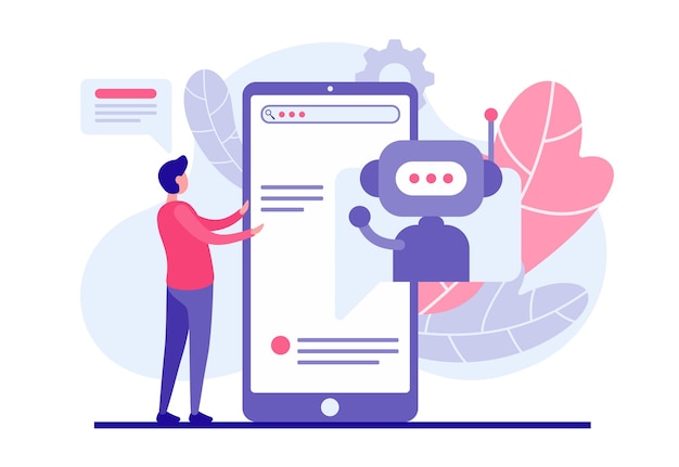 Buyer selects product using web bot application concept. Male character reads list online services in smartphone offered to by chatbot program. Successful assistant in internet commerce