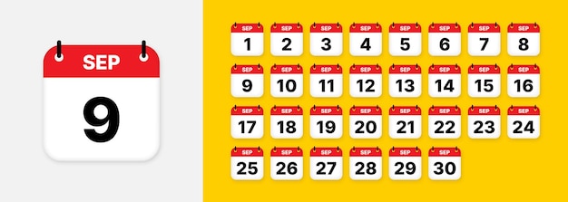 calendar icon set all days of september day 1 to 30 vector