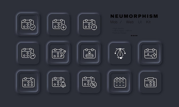 calendar set icon alarm clock watch percent reminder important event anniversary week day date and time management concept neomorphism style vector line icon for business and advertising