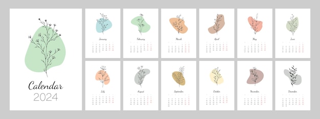 Calendar template for 2024. Vertical design with botanical line art. Natural colors. Editable A3, A4