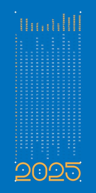 Calendrier bleu 2025 dates francaises design vertical simple modifiable couleur