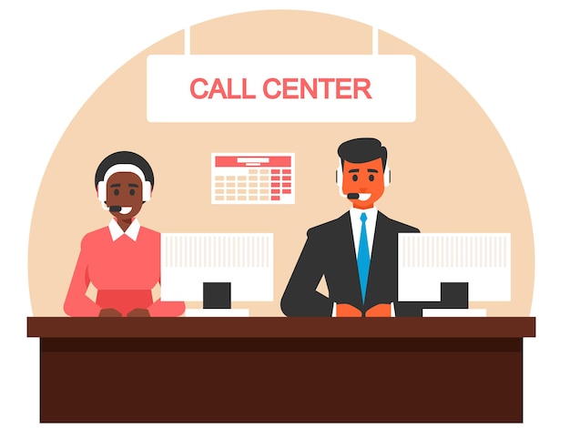 Call center Customer service hotline operators consult customers with headsets on computers