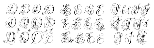 Calligraphy letters set D E and F script font