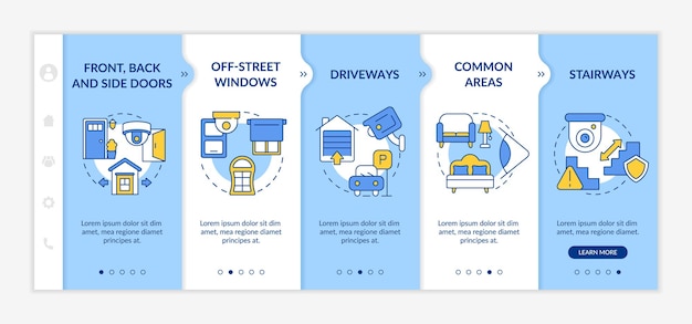 Camera surveillance system onboarding vector template. Responsive mobile website with icons. Web page walkthrough 5 step screens. Camera installing color concept with linear illustrations