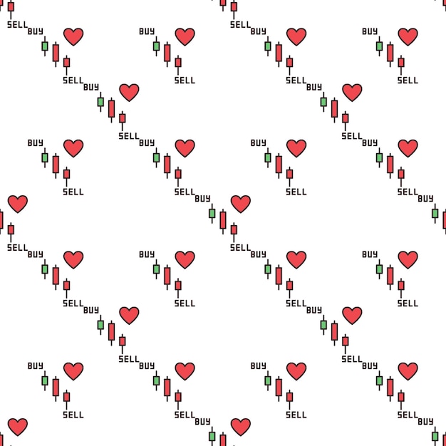 candlestick pattern chart and heart vector buy and sell trading colored seamless pattern