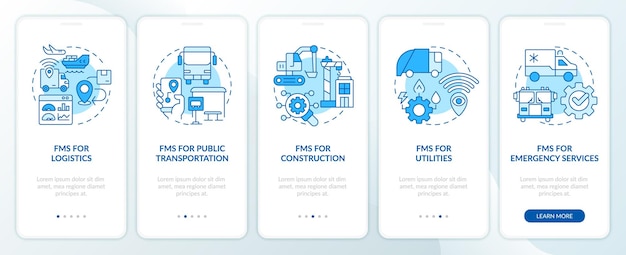 Car fleet variations blue onboarding mobile app screen