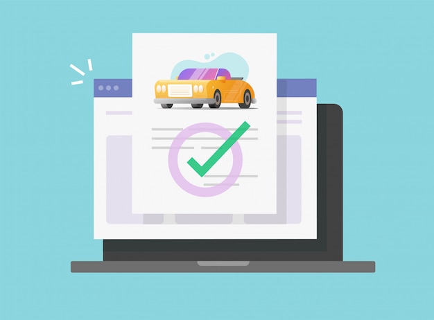 Car or vehicle insurance legal document online check on laptop computer or automobile digital agreement details contract  flat carton illustration