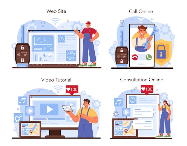 Car repair service online service or platform set mechanic check