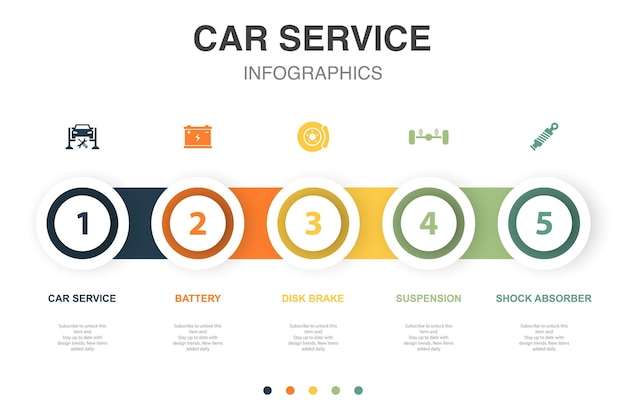 car service battery disk brake suspension shock absorber icons infographic design layout template creative presentation concept with 5 steps