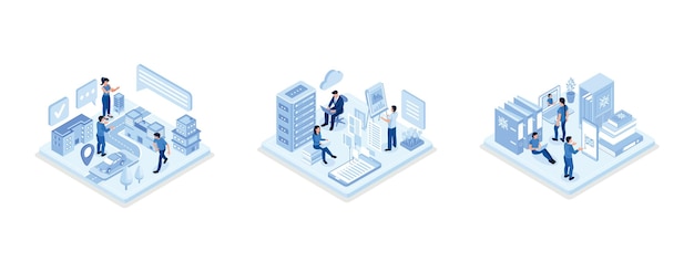 Car sharing concept, Data center concept with character, Students Learning English Language Online,