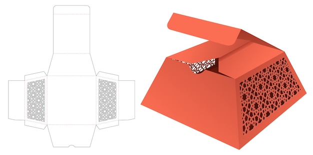 Cardboard obelisk box with stenciled Arabic pattern die cut template and 3D mockup