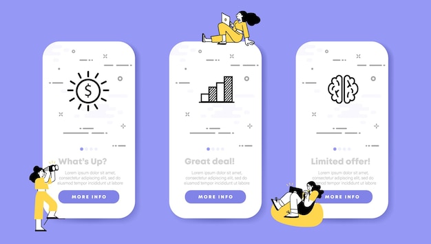 career set icon money diagram growth brain thinking creativity business concept ui phone app screens with people vector line icon for business and advertising