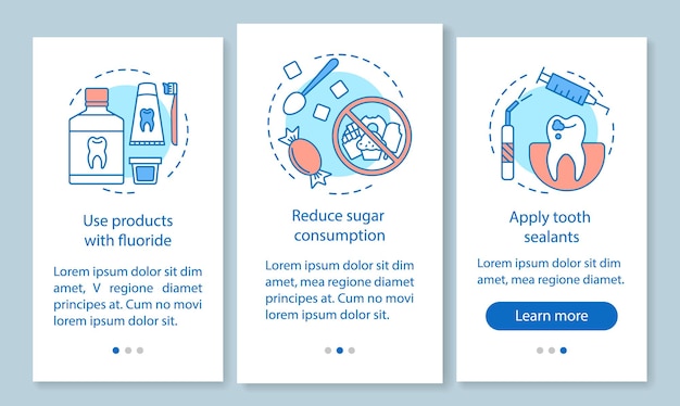 Caries prevention onboarding mobile app page screen with linear concepts. Reduce likelihood of dental disease walkthrough steps graphic instructions. UX, UI, GUI vector template with illustrations
