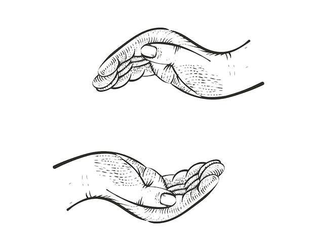 Caring hands together Vector illustration in engraved style