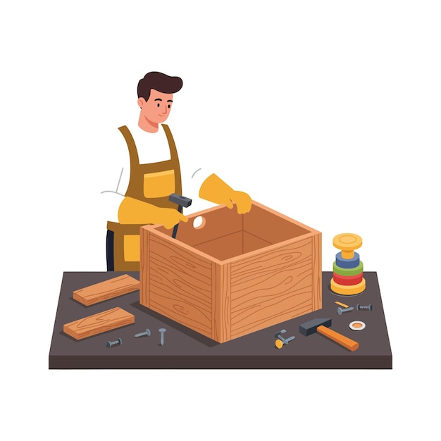 Carpenter constructing a wooden box using tools on a workbench with colorful items