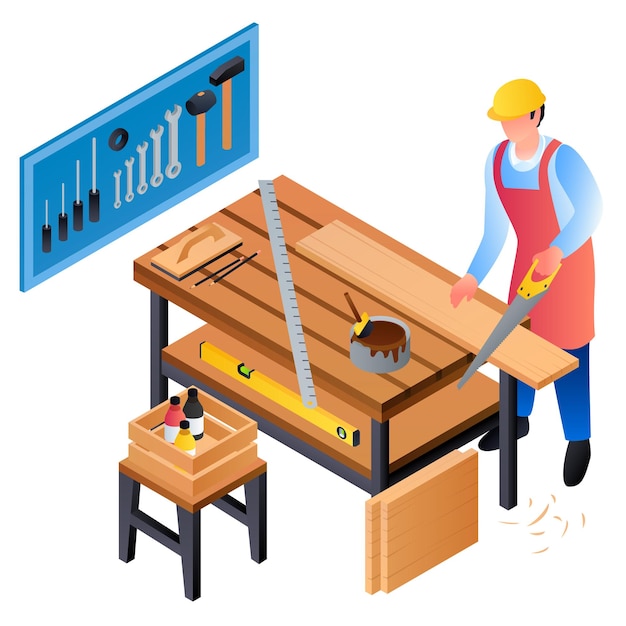 carpenter working concept background isometric illustration of carpenter working vector concept background for web design