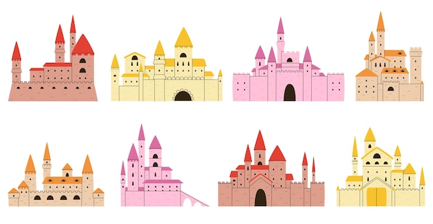 Cartoon castles exterior set Doodle palace medieval isolated flat castle towers and bastions Princess fairy tale buildings decent vector ancient fort