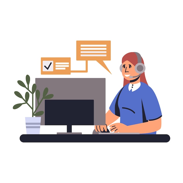 Cartoon character of young woman in headset working as telemarketing agent