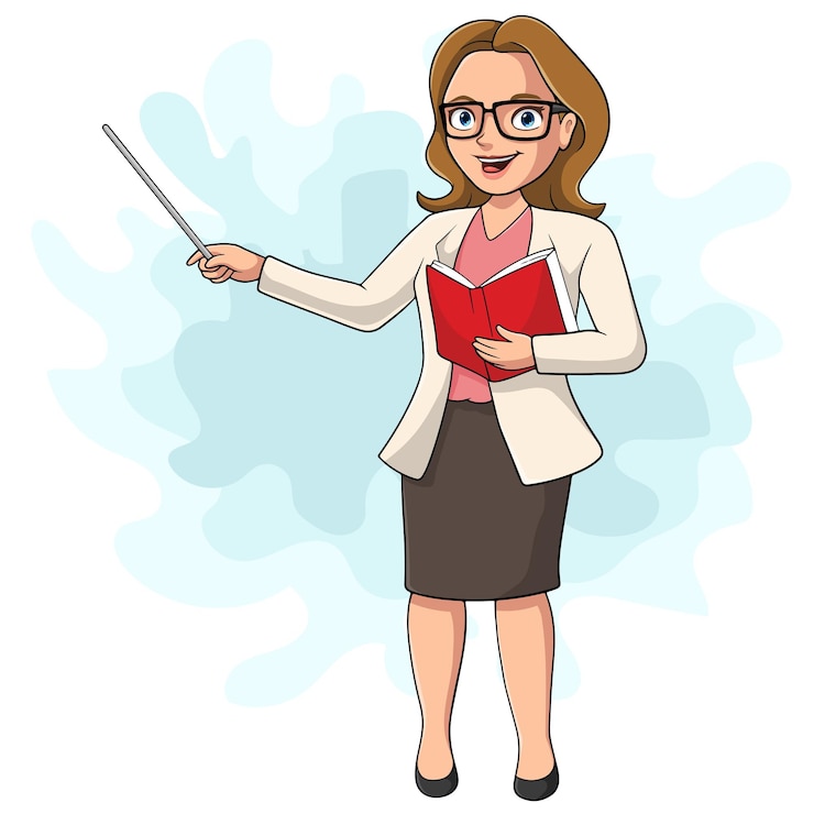 Vektori cartoon female teacher with pointer stick