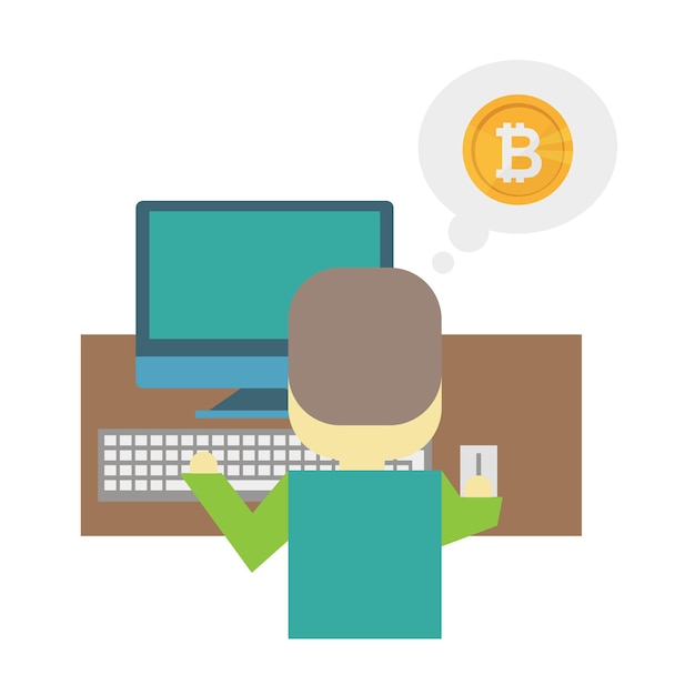 cartoon flat illustration - mining bitcoin. a young man nerd sits behind a desk with a computer laptop. earning money on the internet. intellectual labour