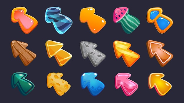 Cartoon game cursors Click arrows and pointer interface icons of different shapes and materials Vector 2D game sprite asset of pointing GUI symbols
