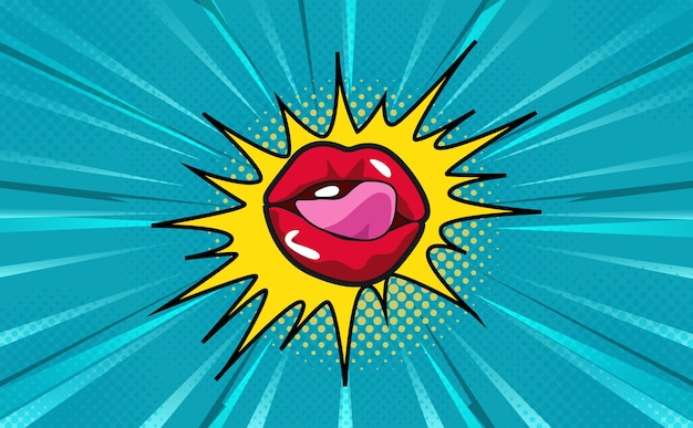 cartoon illustration of a red lips with a red heart on the blue background
