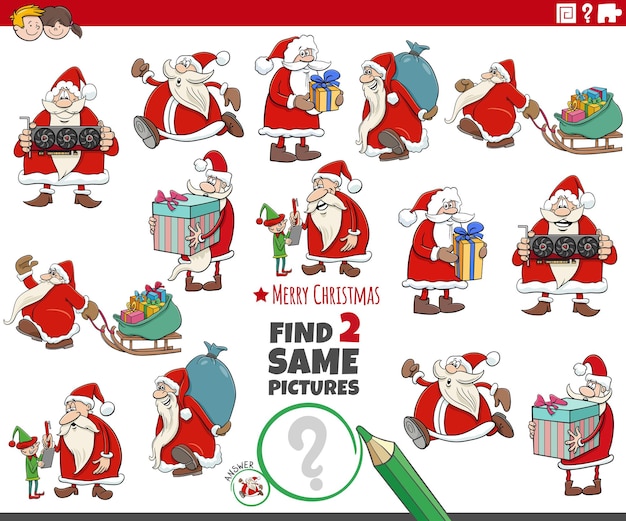 Cartoon illustration of finding two same pictures educational activity with Santa Claus characters
