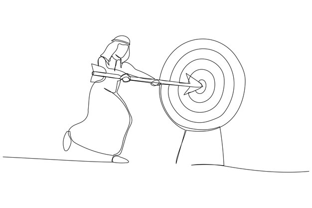 Cartoon of arab businessman shooting target with arrow Metaphor for market goal achievement financial aim Single continuous line art style