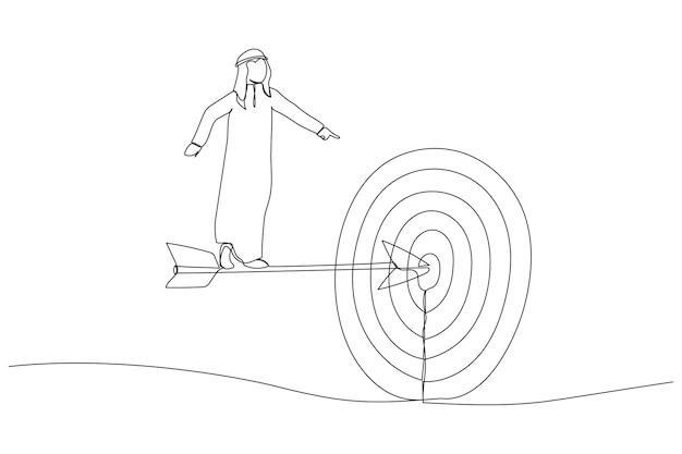 Cartoon of arab businessman standing on the arrow hit the target the business concept of accuracy and purpose Single continuous line art style