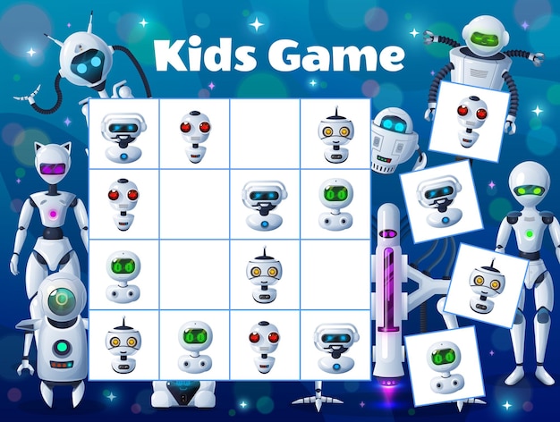 Cartoon robots and androids sudoku kids game. Vector boardgame task with ai cyborgs, maze riddle with humanoids and bots characters on chequered board. Children logic puzzle for leisure with cards