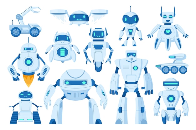 Cartoon robots digital cyborgs innovation technology machines vector symbols illustration collection