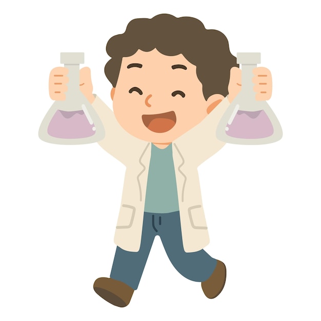 Cartoon Scientist Holding Flasks Illustration
