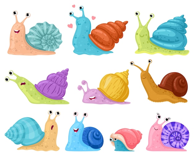 cartoon snail. garden snails mascots, little gastropods in colourful snail shells cartoon vector illustration set. cute mollusk characters. snail character mascot isolated, crawl with colored shell