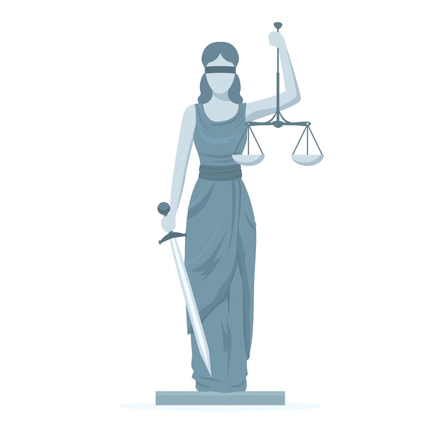 Cartoon Statue of Femida with Scales and Sword Flat Design Style Symbol Law Web Element Vector
