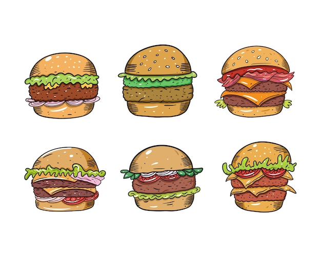 Cartoon style burgers set. Isolated on white background. Sketch text design for mug, blog, card, poster, banner and t-shirt.