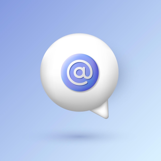Cartoon three dimensional speech bubble with e-mail symbol. Round chat cloud and At sign