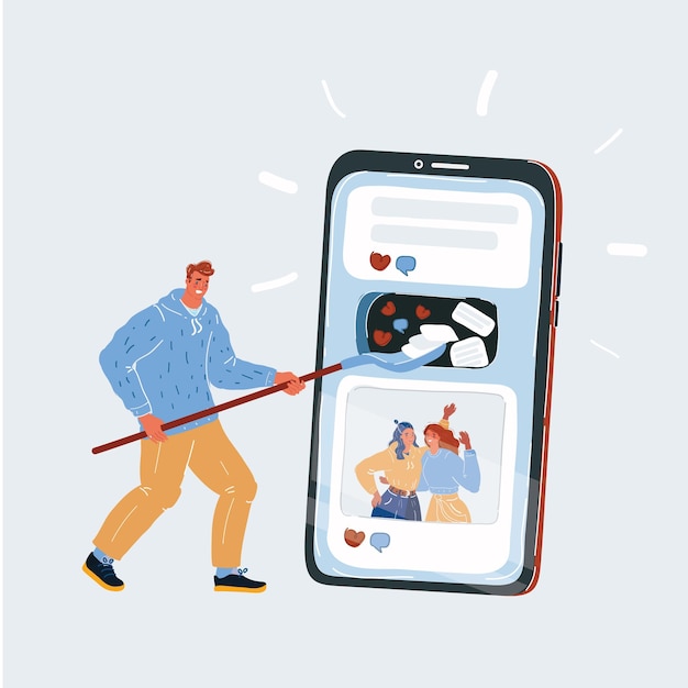 Cartoon vector illustration of Person in social networks Man making post and sharing news with their followers Social media influence and addiction Blogger concept on white backround