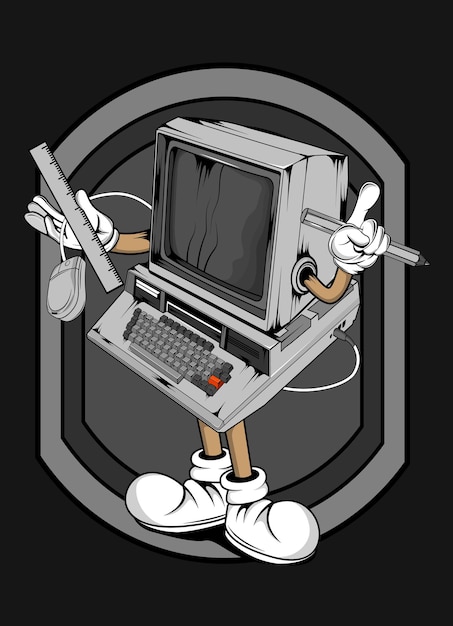 Cartoon vintage computer tshirt design illustration