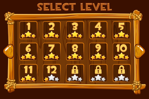 Cartoon Wooden Level selection screen. Interface and buttons For Ui Game