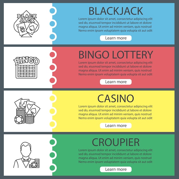 casino web banner templates set. blackjack, bingo lottery, casino, croupier. website color menu items with linear icons. vector headers design concepts