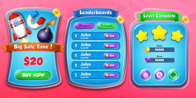 Casual Cartoon Kids Game Shop Sale Time,  Leaderboards and Level Complete Menu Pop Up