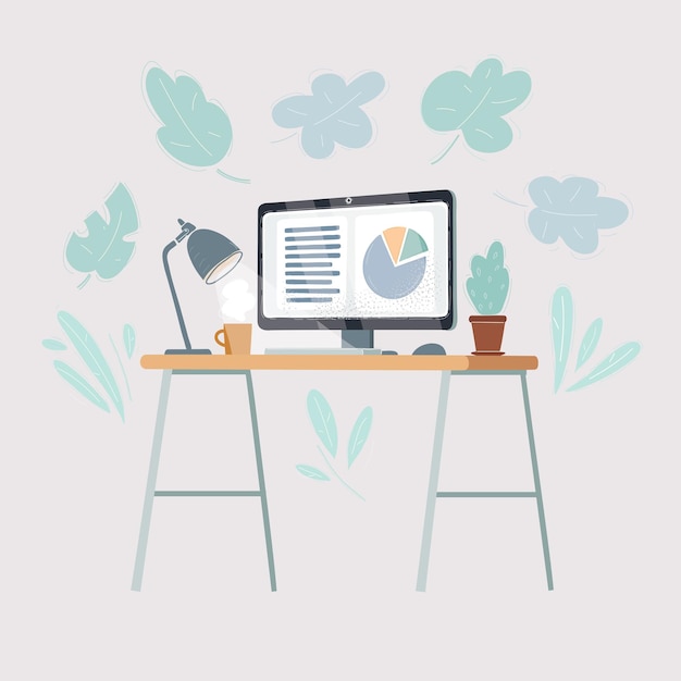 Catoon vector illustration of Computer desk workplace with compunter