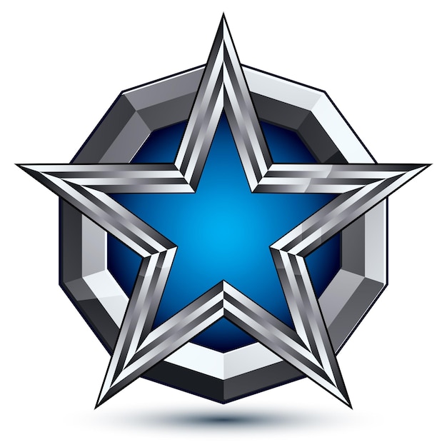 Celebrative glamorous geometric symbol, stylized pentagonal blue star placed on a round silver surface, best for use in web and graphic design. Polished 3d vector icon isolated on white background.