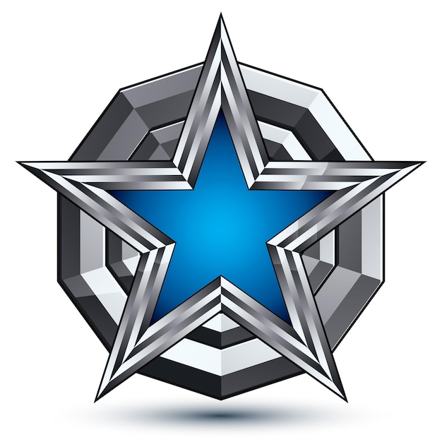 Celebrative glamorous geometric symbol, stylized pentagonal blue star placed on a round silver surface, best for use in web and graphic design. Polished 3d vector icon isolated on white background.