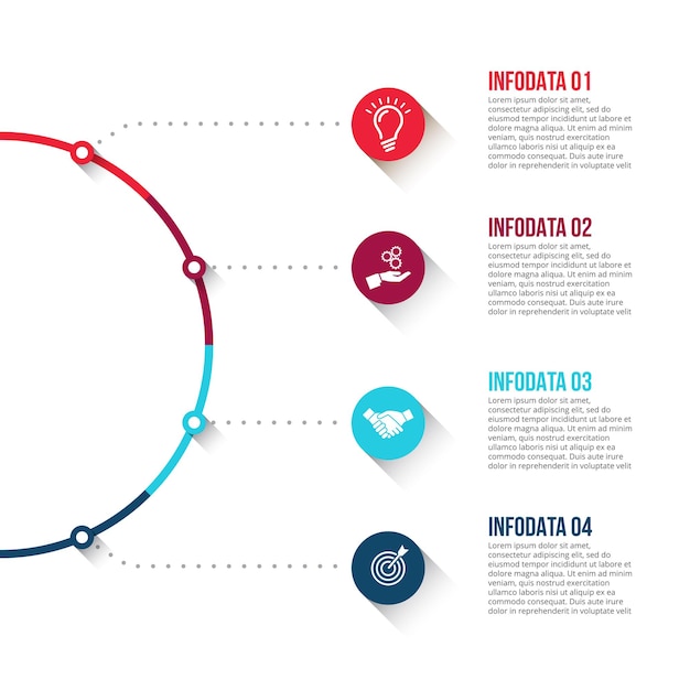 central semicircle with dotted lines with 4 circles flow chart infographic slide